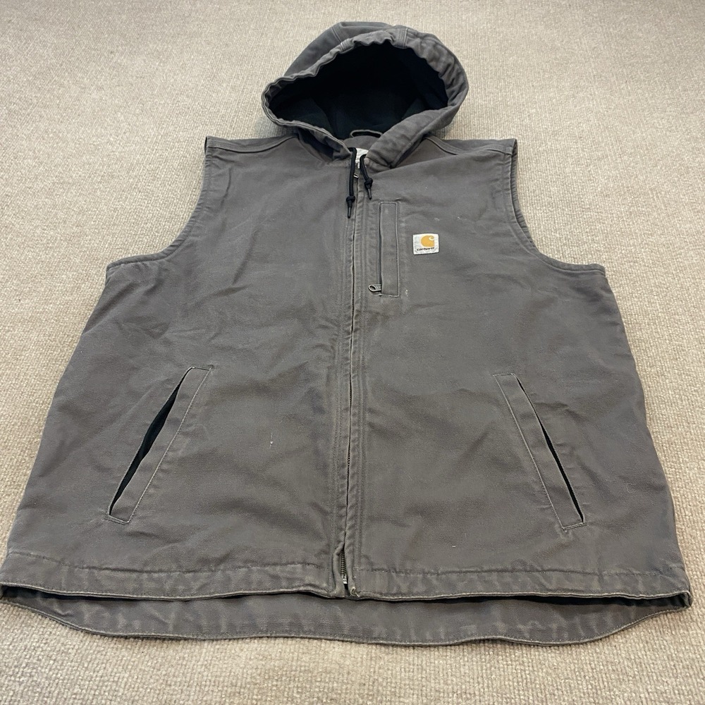 Carhartt Hooded Vest Gravel Grey Fleece Lined Duck Canvas 103837 GVL Large Tall